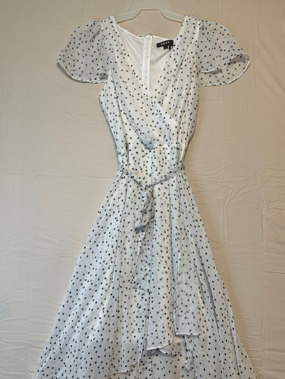 DKNY White Dress with Black Polka Dots — Wrap High-Low Silhouette